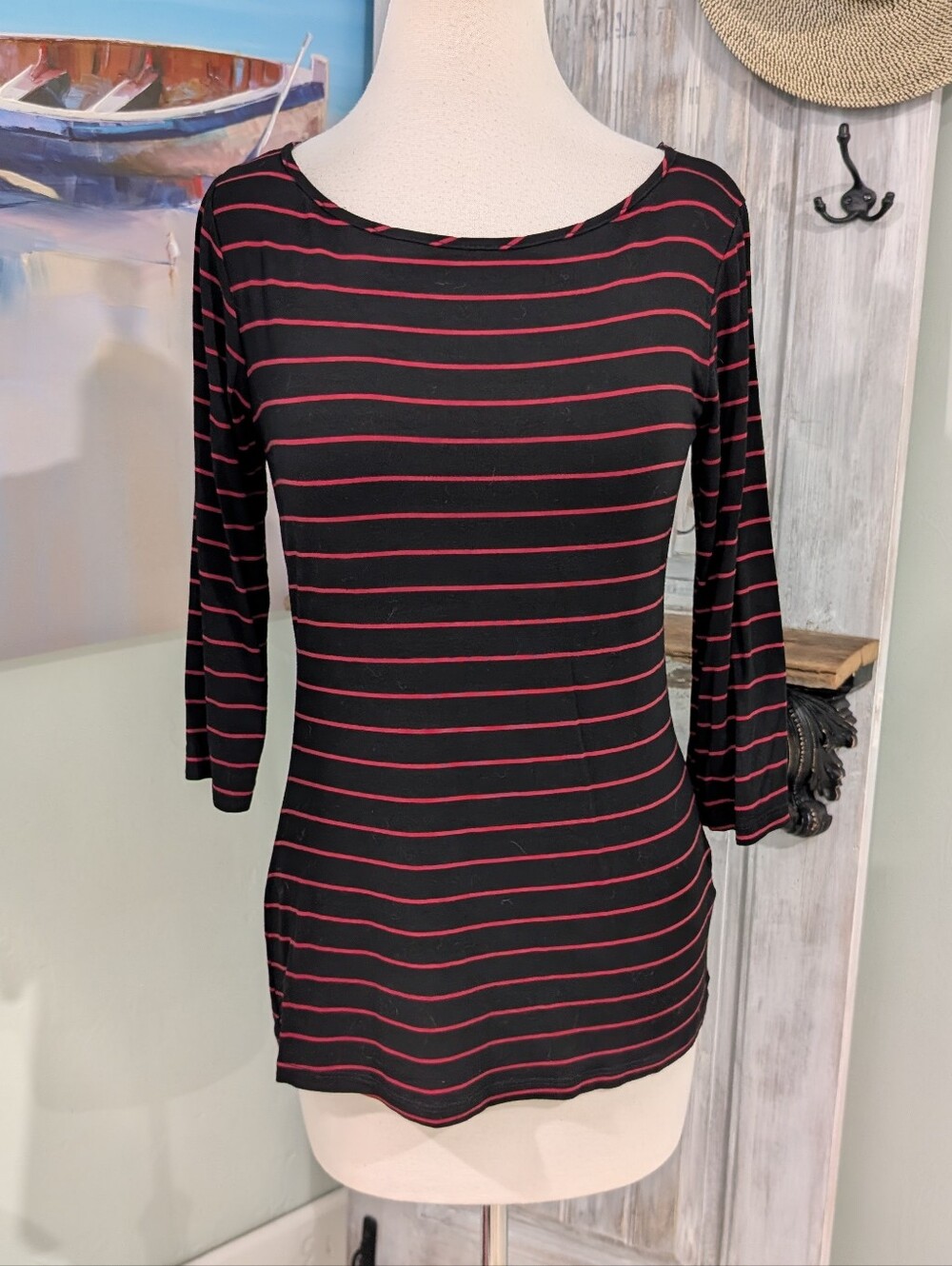 Green Envelope Black & Pink Striped Boatneck Top